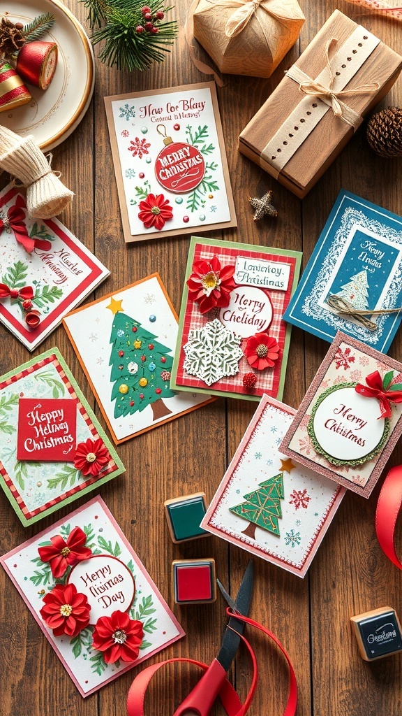 A display of colorful Christmas cards made with Graphic 45 papers, featuring festive designs on a crafting table.